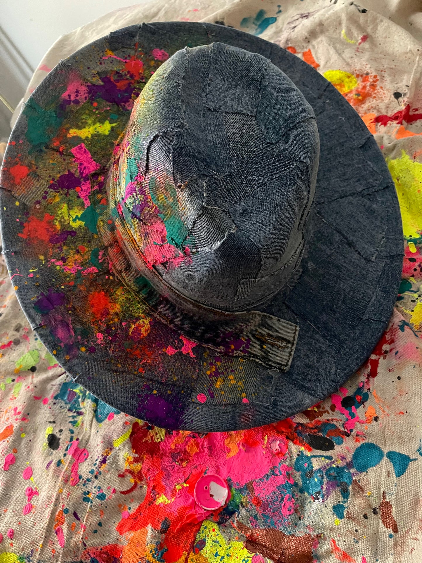Splattered Patchwork Denim Red Bottom Fedora