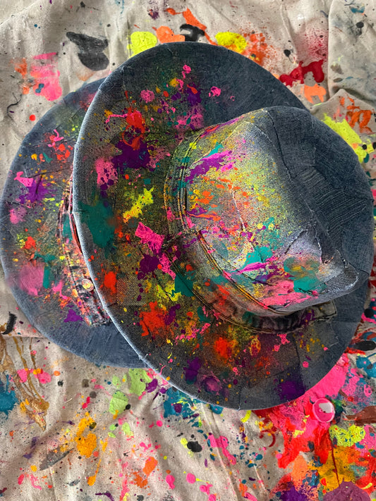 Splattered Patchwork Denim Red Bottom Fedora