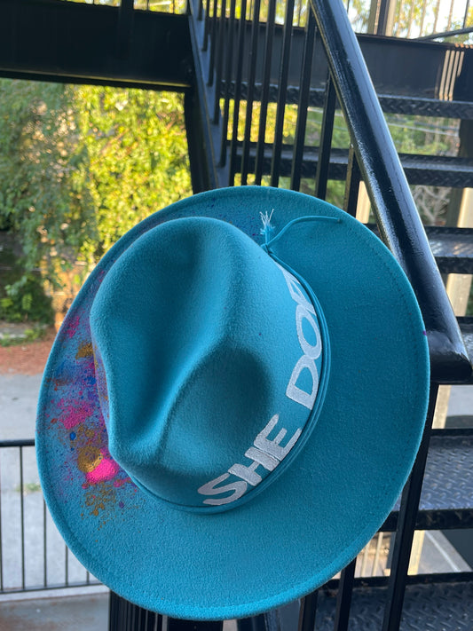 SHE DOPE Aqua Blue Red Bottom Fedora